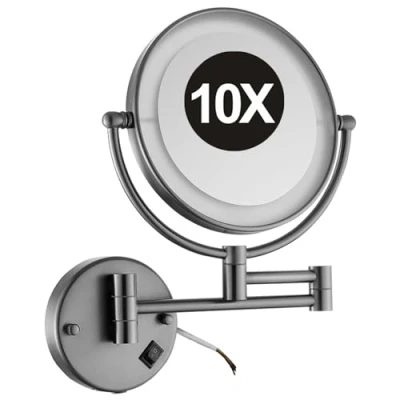 Image of REWIS 8 Inch Double Sided 1X/10X Magnifying Wall Mounted Makeup Vanity Mirror with LED Lighted, 360 Swivel Extendable Cosmetic Mirror, Shaving for Bathroom,Gun Gray,HardWired