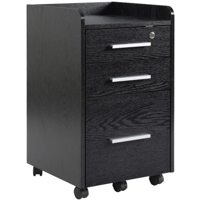 Image of HOMCOM 3 Drawer Filing Cabinet with Lock and Edged Top, Lockable on Wheels Hanging Bars for Letter A4 Size, Black