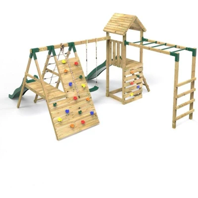 Image of Rebo® Children&#039;s Wooden Climbing Frame with Swings, 2 Slides, Up and Over wall Monkey Bars Brecon OutdoorToys Pressure Treated Timber