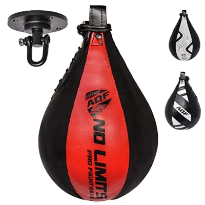 Image of AQF Leather Speed Ball &amp; Swivel Boxing Punch Bag MMA Training Set Multi Colour (Black Red)