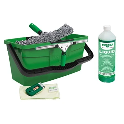 Image of Unger AK015 Window Cleaning Kit PRO Set Power Washer Sleeve, ErgoTec Squeegee, Bucket 18L, Liquid Glass Cleaner 1L, Safety Scraper, Microfibre Cloth Professional Cleaner, Green