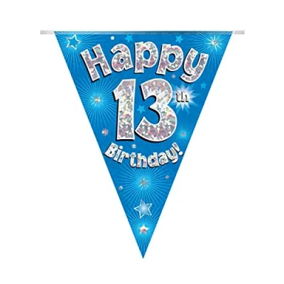 Image of Party Bunting Happy 13th Birthday Blue Holographic 11 flags 3.9m