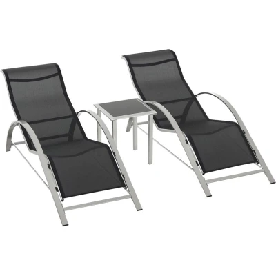 Image of Outsunny 3 Pieces Sun Lounger Chair Set, Metal Frame Garden Outdoor Sunbathing with Side Table and Armrest, Black
