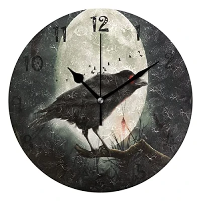 Image of Sawhonn Halloween Crow Bird Skull Wall Clock Silent Non Ticking Battery Operated Round Clocks for Boys Girls Home Room Bedroom Kids
