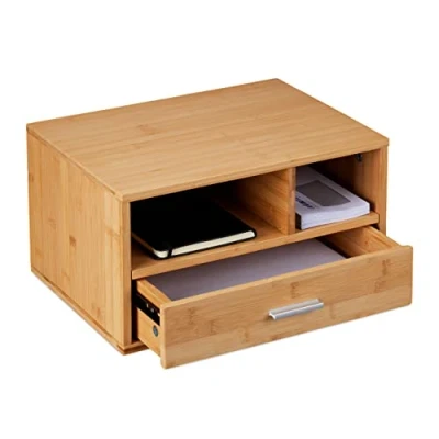 Image of Relaxdays Desk Organiser, 2 Compartments &amp; 1 Drawer, HxWxD: 22 x 40 31 cm, Bamboo, Desktop Utensils Storage, Natural