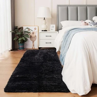 Image of Aspire Homeware Black Living Room Rugs Shaggy Area 80x300cm for Bedroom Fluffy Large Modern Hallway Rug Soft Non Slip Thick Pile