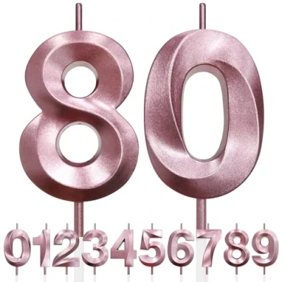Image of 80th Birthday Candle, 3D Design Rose Gold Glitter Number Candles, Cake Topper Decorations, Candle for Party, Wedding Anniversary, Baby Shower, Party Decoration (Pink Gold)