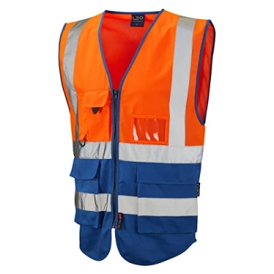 Image of Leo Workwear Lynton ISO 20471 CL 1 Superior Waistcoat HV Orange/Royal 5XL