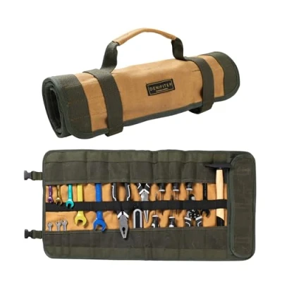 Image of Wrench Tool Roll, Heavy Duty Waxed Canvas Multi purpose Pouch Bag with 25 Pockets, Easy Storage, Durable (Khaki)