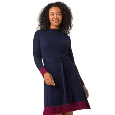 Image of Roman Petite Stripe Knitted Midi Dress for Women UK Ladies Everyday Autumn Winter Round Neckline Comfy Soft Evening Vacation Work Party Night Out Navy Size 16