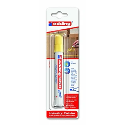 Image of edding 950 industry painter yellow pack of 1 pen round nib 10 mm marker for writing on metal, rocks, wood rough or wet surfaces permanent, waterproof