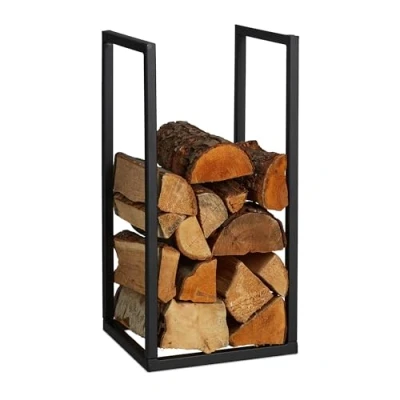 Image of Relaxdays Firewood Rack, Fireplace Companion, Wood Stacking for Indoors, Log Storage, Metal, HWD: 60 x 30 cm, Black, Iron