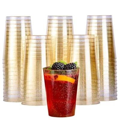 Image of MATANA 50 Premium Clear Hard Plastic Cups, Party Cups with Gold Glitter (285ml / 10oz) Reusable Glasses, Tumblers, for Drinks, Cocktail, Dessert, Wedding, Parties