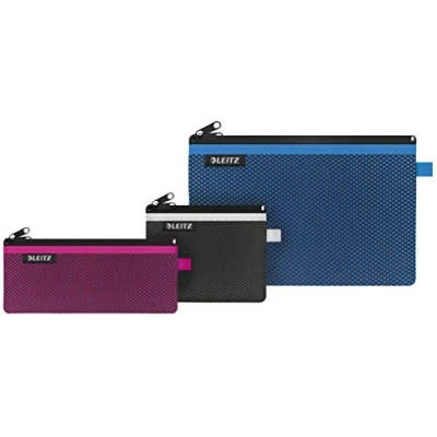 Image of Set of 3 Leitz Wow 2 Pocket Pencil Cases, Nylon Zip, Washable, Ideal Plastic Wallet, Case and Storage Pouch Assorted Colours, 40150099