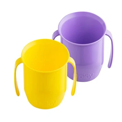 Image of Doidy Cup Twin Pack Training Cups Unique Slanted Design Two Handles Baby Beaker Great Weaning for Milk, Juice Use from 3 6 Months to Toddler PP Material 200ml (Lilac and Yellow)