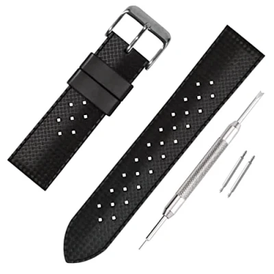 Image of Buckle &amp; Stitch Retro Tropical Silicone Watch Strap 20mm Black Waterproof Perforated Rubber Dive Class Divers Band (20mm, Black)