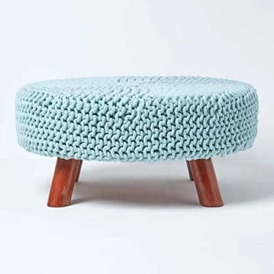 Image of HOMESCAPES Pastel Blue Knitted Pouffe Footstool Occasional Seat 100% Cotton for Living Room Children or the Elderly
