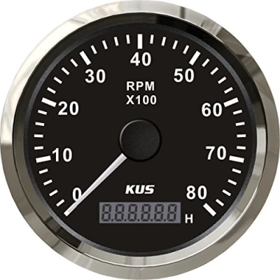 Image of KUS 8000RPM 85mm 12V/24V Universal Tachometer Hour Meter Gauge for Petrol Engine with Backlight (Black)