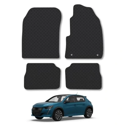 Image of Rubber Car Mats Compatible with Peugeot E 208 (2020+) Tailored Fit Floor Set Accessory Black Custom 4 Pieces Clips Anti Slip Backing, Heavy Duty &amp; Waterproof