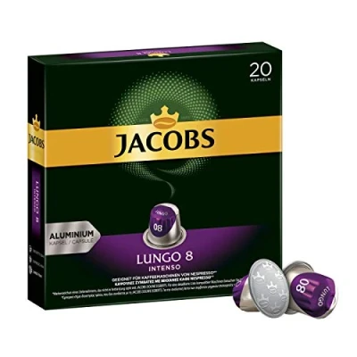 Image of Jacobs Lungo 8 Intenso Coffee Capsules, Compatible with Nespresso, 20 Capsules of 5.2 g