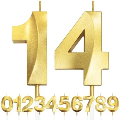 Image of 14th Birthday Candle, 3D Design Gold Glitter Number Candles, Cake Topper Decorations, Candle for Party, Wedding Anniversary, Baby Shower, Party Decoration