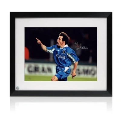 Image of Exclusive Memorabilia Gianfranco Zola Signed Chelsea Football Photo: 1998 Cup Final Goal. Framed