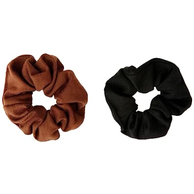 Image of Manicare 2 Hair Scrunchies, Black And Brown, Medium Large Elastic Ties, Soft Fabric Hairbands, Ponytail Holder, Thick Bobbles, Scrunchy Wristband, Gentle On The Hair, Hairdressing Accessory