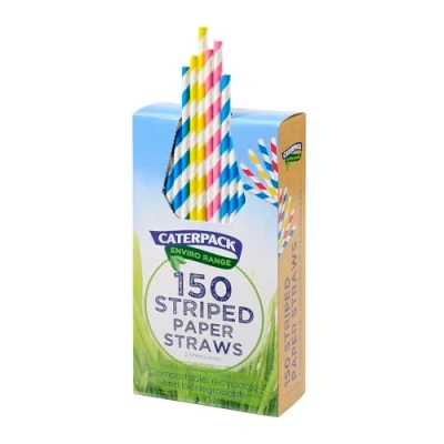 Image of Caterpack Enviro Range Paper Straws Striped 150 Pack Fully Recyclable, Biodegradable and compostable. Strong &amp; Sustainable.