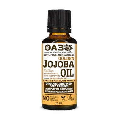 Image of OA3 Certified Organic Jojoba Oil 20ml 100% Pure &amp; Natural Cold Pressed, Unrefined, Hexane Free Carrier Ideal for Hair, Face, and Nails