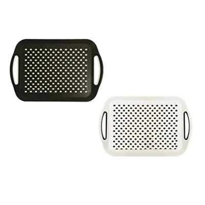 Image of ITP 2X Set of Anti Slip Rectangular Non Top and Bottom Plastic Dinner/Drinks Serving Tray with High Grip Rubber Surface, Easy Handles, Black &amp; White.