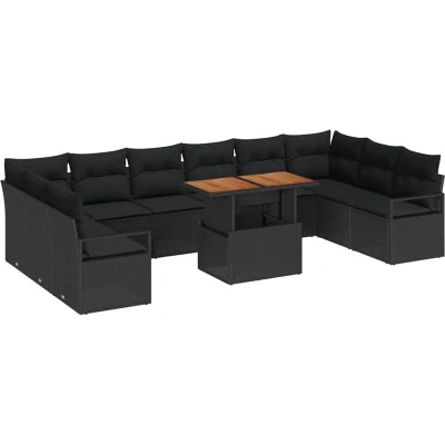 Image of vidaXL 11 Piece Garden Sofa Set with Cushions Black Poly Rattan