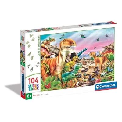 Image of Clementoni Jigsaw Puzzle Land Of Dinosaurs 104 Pieces Supercolor For Children 6 8 Years, Cartoon, Gift Boy/Girls, Kids, Made In Italy, 25768