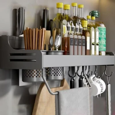 Image of Spice Rack Wall Mounted, Kitchen Shelf, Utensil Rack, Shelf Organiser, Cutlery Holder Racks Multi Purpose Suitable for Kitchens, Restaurants and Bars, 80cm,grey