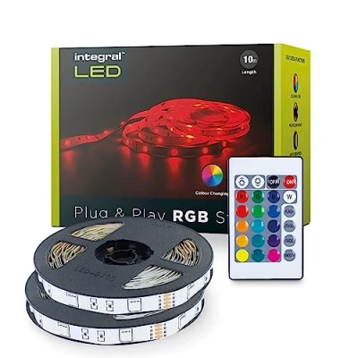 Image of Integral LED 10m RGB Strip Light with UK Plug Adapter &amp; IR Controller, Play, Colour Changing, Dimmable Adjustable Brightness