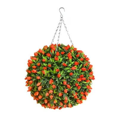 Image of Best Artificial TULIP Flower Ball Lush Long Leaf Topiary Grass (38cm, Orange)