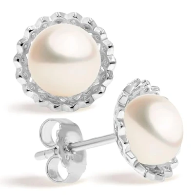 Image of Women Pearl Earrings Freshwater Cultured Pearls Button Shape 7,5 to 8 mm by SECRET &amp; YOU Rhodium plated Sterling Silver 925.