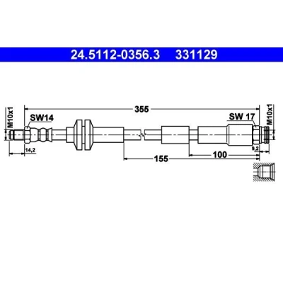 Image of 51800680 Brake Hose ATE 24.5112 0356.3 355mm M10x1mm FIAT: 500 Hatchback, Panda III ABARTH: / 595 695 Hatchback