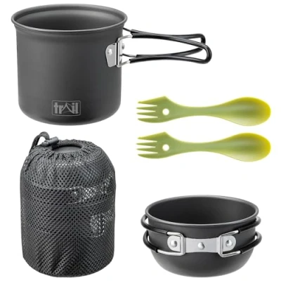 Image of Trail Camping Cookware Set, 1 2 Person Outdoor Hiking Camp Cooking Kit, Non Stick Hard Anodised Aluminium, 400ml &amp; 900ml Cook Pots/Bowls, x PP Sporks, Lightweight Portable Stackable with Mesh Bag