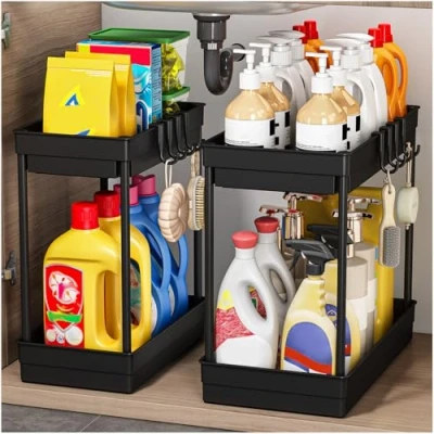 Image of TidyTrove 2 Pack Under Sink Storage Kitchen and Organisation, Tier Shelf, Multi Purpose Organisation for Bathroom,Black
