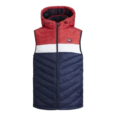 Image of Jack &amp; Jones Mens Lightweight Hooded Puffer Gilet Navy/Red Size X Large