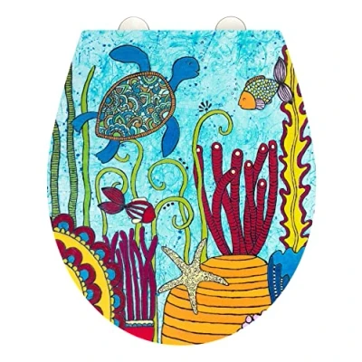 Image of WENKO Toilet seat Under Water, colourful Rollin&#039;Art WC lid, relief surface, hygienic quick action stainless steel fastening &amp; soft closing mechanism, antibacterial Duroplast lid seat, 38 x 44.5 cm