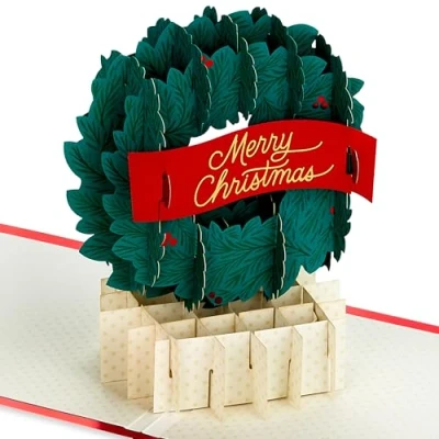 Image of Hallmark Christmas Card, Festive Wreath Design, 3D and Pop Up Wishes, Green, Red
