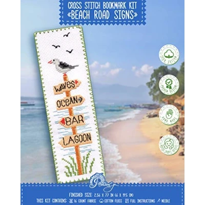Image of Beach Signs Cross Stitch Bookmark Coastal Wood Embroidery Set with Paper Pattern, 16 Count Aida Cloth and Pre Sorted Floss