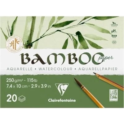 Image of Clairefontaine 975910C Pad Glued 1 Side Bamboo 20 Sheets 100% Natural White Watercolor Paper Vegan Finely Marked Grain Professional Quality A7 7.4x10 cm 250g