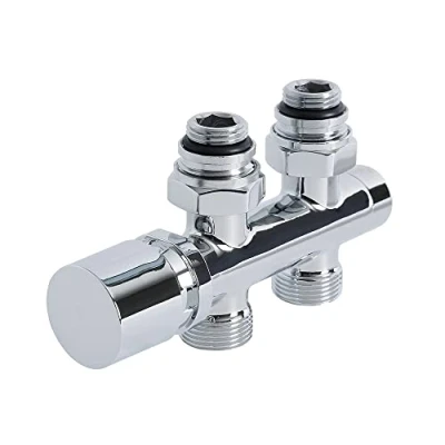 Image of Milano Modern Chrome Straight H Block Heated Towel Rail Radiator Valves with 15mm Copper Adapters