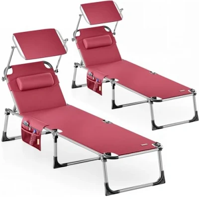 Image of CASARIA® Set of 2 Malta Folding Aluminium Garden Sun Lounger With Canopy Shade 210cm 180kg Capacity Beach Patio Recliner Leisure Sunbed Plastic Feet &amp; Textile Cover Cream