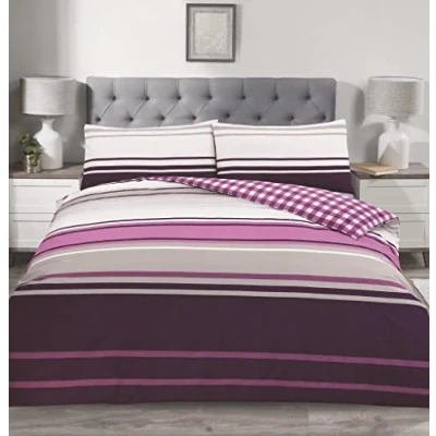Image of Charlotte Andersen Cambridge Purple Grey Stripe King Size Duvet Cover, Easy Care Soft Poly Cotton Reversible Bedding Set (King)