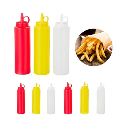 Image of Relaxdays 10027669 Squeeze Bottle, Sauce Dispenser, Refillable, Plastic, Set of 9, Home &amp; Gastronomy, 400 ml, Red/Yellow/White