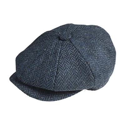 Image of Peaky Blinders &#039;Newsboy&#039; Style Flat Cap Tweed Wool Fabric Variations (XXL ( 63 cm ), Blue Herringbone)