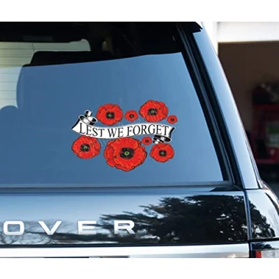 Image of Poppy Montage with &quot;Lest we forget&quot; banner through the center Flower Decals Car Stickers Graphics Wall Window Decorations Art (150 x 100mm)